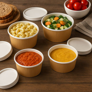 Ciotole di cartone, porta cibo, varie misure, mostrate aperte con cibo dentro, i loro coperchi appoggiati, tutto su un tavolo da cucina con pane pomodori e posata